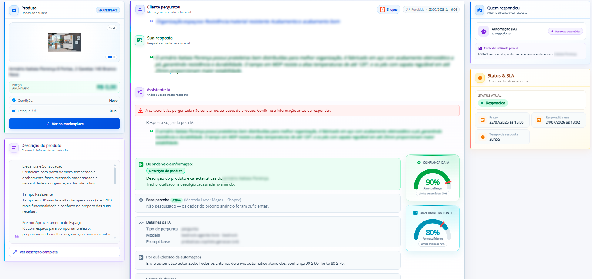 Tela do Pré-balcão HelpyGo com pergunta de produto, resposta automática, dados do anúncio, confiança da IA e qualidade da fonte