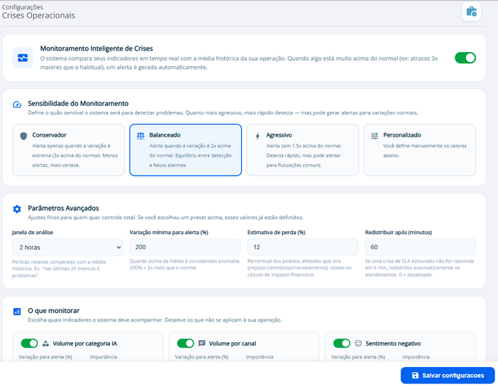 Tela de configuração da Central de Crises Operacionais do HelpyGo