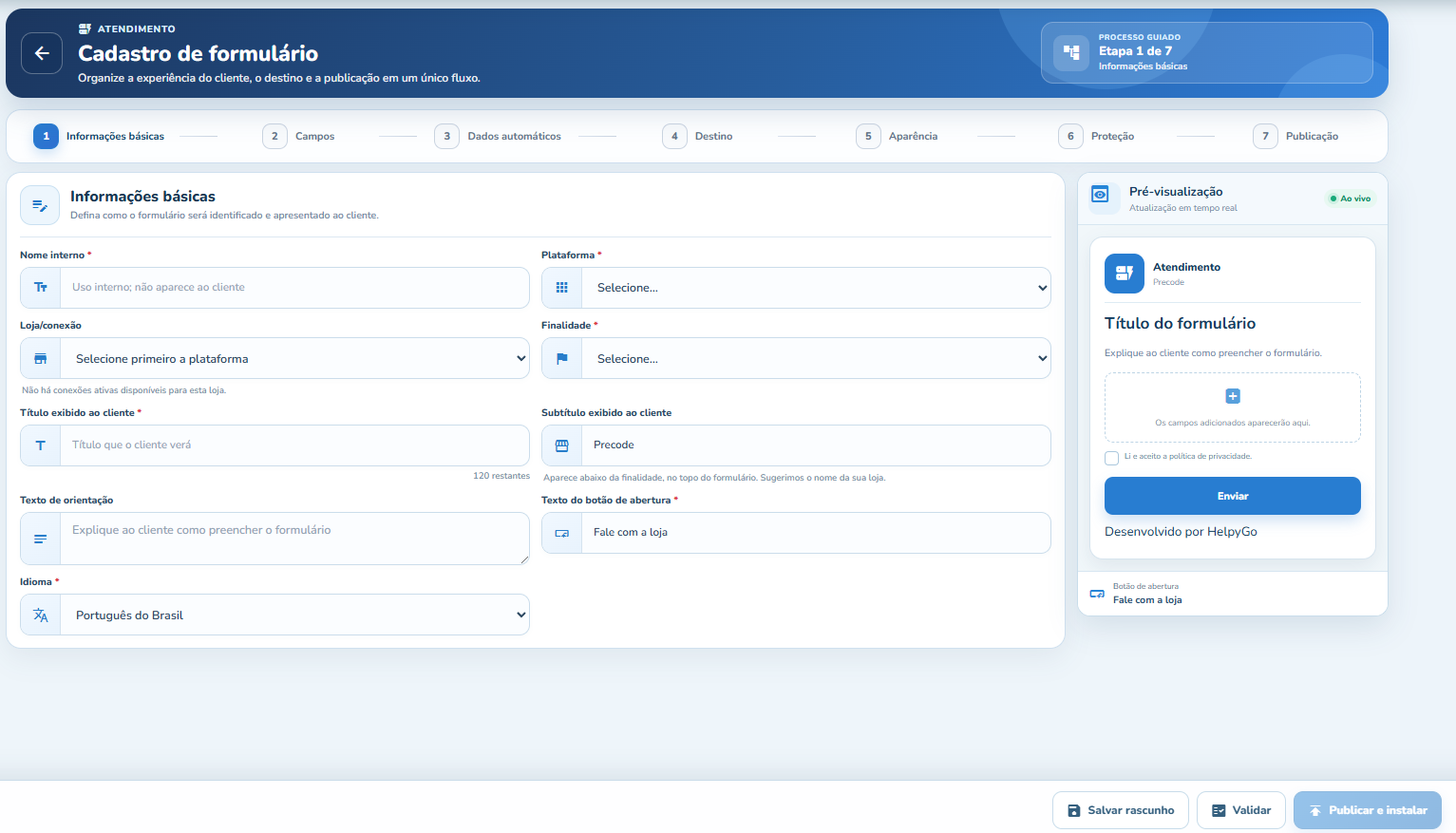 Tela do construtor de formulários do HelpyGo, com etapas de configuração e pré-visualização em tempo real