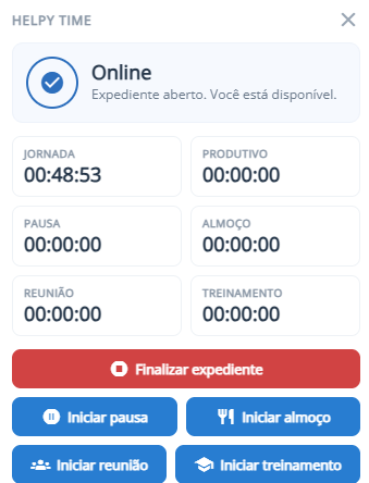 Widget Helpy Time do HelpyGo com controle de expediente, pausa, almoço, reunião, treinamento e tempo produtivo