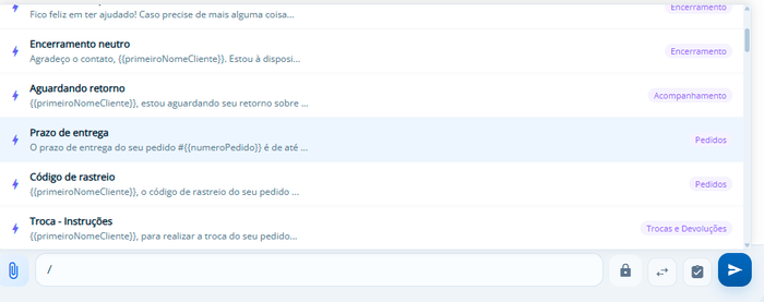 Tela de respostas rápidas e macros de mensagens do HelpyGo