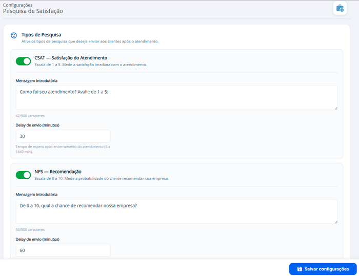 Painel de pesquisa de satisfação CSAT e NPS do HelpyGo